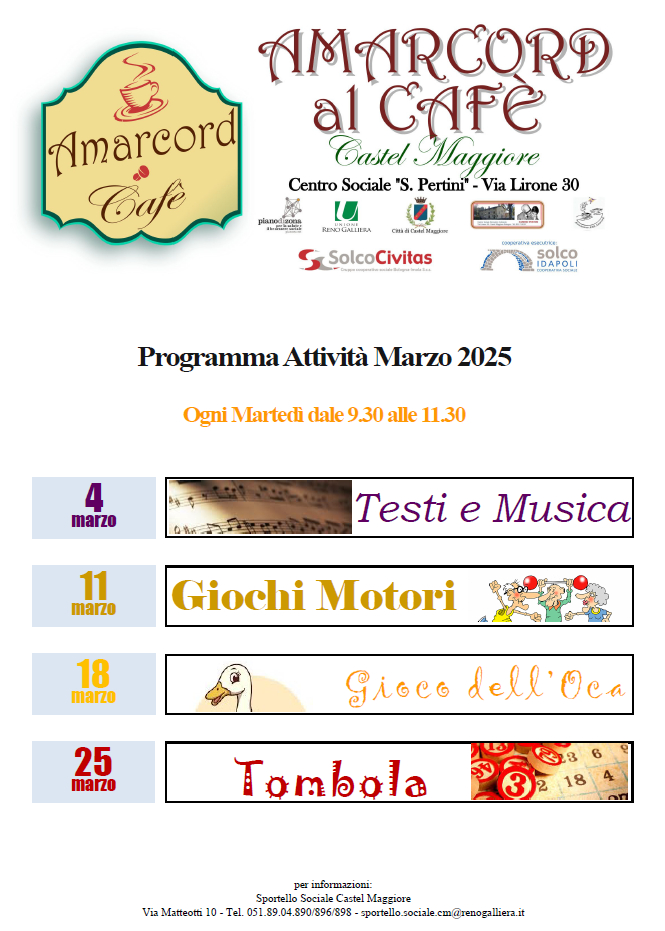 Locandina programma Amarcord Cafè di marzo 2025